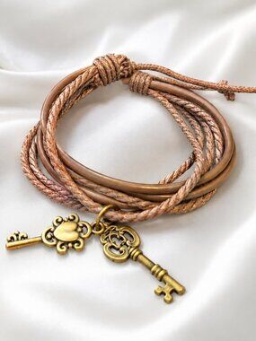 Handmade Key Charm Wrap Bracelet NWT Adjustable Faux Leather
